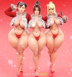 3d 3girls antarxrigel christmas chun-li fatal_fury hourglass_figure king_of_fighters light-skinned_female mai_shiranui metroid samus_aran street_fighter tagme thick_thighs thong wide_hips