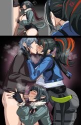 1boy 1boy2girls 2girls animal_ears annoyed ass big_ass caught_in_the_act dark_hair deepthroat drogod_(artist) fellatio female hella_p hoyoverse jane_doe_(zenless_zone_zero) kissing male multiple_girls penis police_uniform policewoman straight threesome wise_(zenless_zone_zero) zenless_zone_zero zhu_yuan