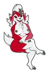 2020 anthro black_claws black_nipples breasts canid claws eyelashes female fur generation_7_pokemon hair hi_res looking_at_viewer lycanroc mammal mayorofmidport midnight_lycanroc nintendo nipples open_mouth pokemon pokemon_(species) red_body red_eyes red_fur sharp_teeth simple_background sitting smile solo teeth thick_thighs toe_claws white_background white_body white_fur white_hair white_inner_ear