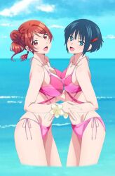 2girls blue_hair botan_nagatsuki cleavage embrace large_breasts looking_at_viewer medium_breasts pink_bikini red_hair sakuramori_akane short_hair standing string_bikini