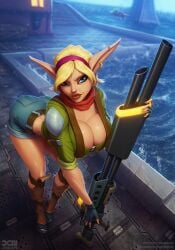 1girls ass barretxiii bent_over big_breasts blonde blonde_female blonde_hair blue_eyes breasts cleavage elf elf_ears elf_female elf_girl female female_only fingerless_gloves gun headband jak_and_daxter pinup rifle scarf short_shorts shorts solo solo_female tess_(jak_and_daxter)