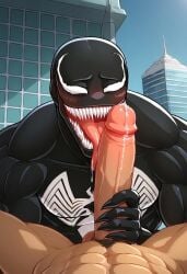 abs ai_generated balls biceps big_penis black_body blush erection gay licking_penis looking_at_viewer male male/male male_only marvel muscular muscular_male nude_male open_mouth pecs penis precum smile symbiote toned_body toned_male tongue tongue_out twall97 venom_(marvel)