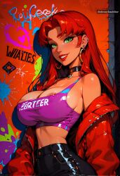 ai_generated areola_slip baddiiieee crop_top midriff nipple_bulge nipple_slip nipples perky_breasts starfire starfire_(teen_titans)