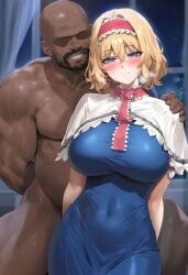 ai_generated alice_margatroid big_breasts blonde_hair dark-skinned_male mikayori touhou