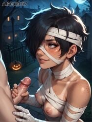 1boy 1girl ai_generated ainoob17 black_hair breasts breasts_out female female_focus freckles halloween handjob mummy_costume penis short_hair solo_focus stable_diffusion straight tagme taina tan_body tan_lines taned_skin tanline tomboy