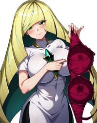 ai_generated blonde_hair bra game_freak gigantic_breasts green_eyes holding_bra huge_bra huge_breasts light-skinned_female light_skin long_hair looking_at_viewer lusamine_(pokemon) massive_breasts mature_female milf multicolored_hair nintendo pokemon pokemon_sm smiling solo_female squatting sweat sweatdrop thick_body thick_female voluptuous voluptuous_female