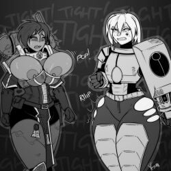 2girls adepta_sororitas alien alien_girl alien_humanoid annoyed armor armored_female belt big_ass big_breasts blush bursting_breasts bursting_out_of_clothing clothes_too_small english_text female female_only fire_warrior imperium_of_man inconvenient_breasts jewelry power_armor purity_seal ripped_clothing ripping_clothing sexualyeti short_hair sister_of_battle swapped_clothes tattoo tattoo_on_cheek tattoo_on_face tau text thick_thighs tight_clothes tight_clothing warhammer_(franchise) warhammer_40k wide_hips worried xenophilia