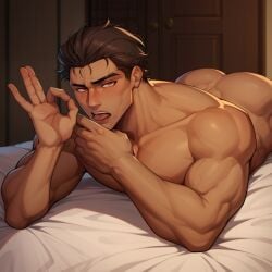 ai_generated bara fellatio_gesture full_body gay looking_at_viewer lying lying_on_bed lying_on_stomach male_only miguel_o'hara muscle muscles muscular muscular_male naked naked_male nsfw on_bed pecs spider-man:_across_the_spider-verse spider-man_(series)