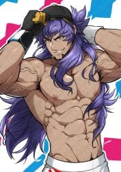 1boy abs absurd_res armpit_hair cap clothing gay gloves hi_res human kuroshinki leon_(pokemon) long_hair long_hair_male looking_at_viewer male male_focus male_only muscular muscular_male nipples pokemon purple_hair shorts smile solo solo_male teeth yellow_eyes