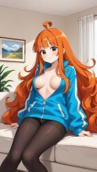 ai_generated cute_face haremofash madeline_(celeste) medium_breasts red_hair smiling very_long_hair zipper_down