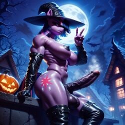 ai_generated anthro balls elbow_gloves foreskin futanari halloween jack-o&#039;-lantern latex leather moon muscular my_little_pony night peace_sign penis pony thighhighs twilight_sparkle_(mlp)