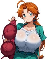 ai_generated blue_eyes bra delia_ketchum_(pokemon) gigantic_breasts holding_bra huge_bra huge_breasts light-skinned_female light_skin looking_at_viewer massive_breasts mature_female milf nintendo orange_hair pokemon pokemon_(anime) ponytail smiling solo_female squatting sweat sweatdrop thick_body thick_female voluptuous voluptuous_female