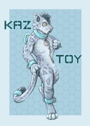 2023 anthro biped blue_collar blue_cuff_(restraint) chastity_bulge chastity_device clothing clothing_pull collar collar_tag felid handles_on_back hi_res latex latex_clothing latex_skinsuit lock_bulge male mammal pantherine skinsuit snickersthecat snow_leopard solo submissive submissive_anthro submissive_male tight_clothing