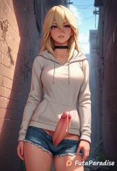 1girls ai_generated alley big_penis blonde_hair blue_eyes cumming denim_shorts detailed erect_penis erection futanari futaparadise hi_res highres huge_cock light_skin looking_at_viewer outdoors penis penis_out solo woman_only