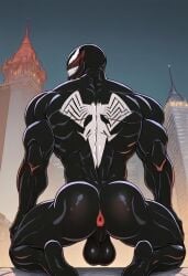 ai_generated ass back balls biceps big_balls black_body blush gaping_anus gay kneeling looking_back male male_only marvel muscular muscular_male nude_male smile symbiote toned_body toned_male twall97 venom_(marvel)