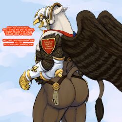 anthro armor ass avian back_view backside beak beaquis big_butt brown_body bubble_butt caption claws edit feathers furry furry_only headgear helmet hippogriff hippogryph hladilnick hladilnik looking_back male male_only muscular muscular_male presenting presenting_hindquarters solo tail thick_thighs total_war:_warhammer warhammer_(franchise) warhammer_fantasy wings yellow_eyes