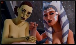 2girls 3d ahsoka_tano barriss_offee big_penis blender clone_wars handjob mirialan snafusevsix star_wars togruta