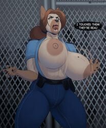 2024 5_fingers absurd_res accessory anthro areola belt big_breasts black_nose bodily_fluids bottomwear bouncing_breasts breasts brown_hair canid canine canis chain-link_fence clothing dialogue domestic_dog english_text exposed_breasts eyebrows eyelashes female fence fingers hair hair_accessory hairband hi_res huge_breasts long_hair mammal maria_(pancarta) motion_lines nipple_dip nipples open_mouth pancarta pants pouch_(clothing) saliva shirt solo speech_bubble teeth text thick_thighs tongue topwear undead vein veiny_breasts zombie