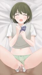 1boy 1girls bed blush bowtie clothed_female_nude_male cowgirl_position cum green_eyes green_hair highres idolmaster idolmaster_shiny_colors light-skinned_female light_skin moaning moaning_in_pleasure najar nanakusa_nichika panties panties_aside penis penis_in_pussy pov pussy sex straight sweater_vest tagme tears underwear vaginal_penetration