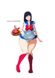 1girls big_breasts big_butt bishoujo_senshi_sailor_moon black_hair boruto:_naruto_next_generations breasts clothing cosplay exibitionism female female_only glimmer halloween halloween_costume hi_res high_heel_boots high_heels highres hyuuga_hinata large_breasts mature_female milf miniskirt naruto public public_indecency pussy sailor_moon_(cosplay) self_upload skirt thick_thighs uncensored wife