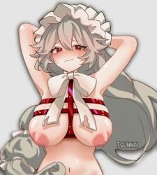 1girls alexandrina_sebastiane areolae arms_up blush breasts embarrassed female female_only grey_hair hands_behind_head inverted_nipples large_breasts light-skinned_female light_skin long_hair maid_headdress nipples red_eyes solo tsunnai upper_body victoria_housekeeping zenless_zone_zero