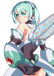 1girls big_ass big_breasts black_gloves blue_eyes blush ico_(mega_man) kotatuman_dash mega_man mega_man_x mega_man_x_dive robot_girl white_background white_hair wings