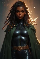 ai_generated belt black_hair bodysuit cape dark-skinned_female doctor_aphra_(series) dreadlocks marvel marvel_comics sana_starros sensualcreations sfw skin_tight skintight star_wars