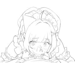 @_@ ass black_and_white blowjob clothed_female_nude_male cum cum_in_mouth cum_on_face eyebrows_visible_through_hair hair_ornament looking_at_viewer maid maid_headdress maid_outfit mint_fantome no_color pointy_ears sketch thernz virtual_youtuber vtuber