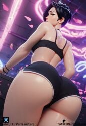 ai_generated big_ass big_breasts black_male bra cameltoe lena_oxton overwatch overwatch_2 pornlandlord shorts thick thick_thighs tracer wet