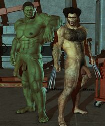 2boys 3d barefoot black_hair body_hair claws erect_nipples feet flaccid gay green-skinned_male green_skin hulk hulk_(series) human james_howlett light-skinned_male light_skin looking_at_viewer male male_only marvel mature multiple_males multiple_penises mutant nude penis_size_difference retractable_claws size_difference standing testicles wolverine_(x-men) x-men yaoi yolco