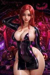 1girls ai_generated big_breasts breasts crystalmosong cyberpunk dress halloween huge_breasts latex looking_at_viewer minidress original red_eyes red_hair seductive shiny_skin solo_focus stable_diffusion voluptuous voluptuous_female wide_hips