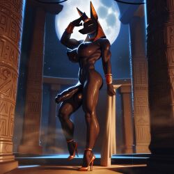 ai_generated anthro anubis athletic breasts egyptian egyptian_mythology futanari high_heels moon mythology night penis sweat