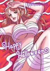 1girls big_breasts breasts busty curvy female female_only halloween halloween_costume kiyu0430 long_hair mummy mummy_costume mummy_wrappings nami on_back one_piece orange_hair pose seductive seductive_look solo wide_hips