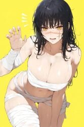 ai_generated bare_thighs black_hair chainsaw_man demon_girl gigantic_breasts halloween huge_breasts huge_thighs light-skinned_female light_skin long_hair looking_at_viewer massive_breasts mummy mummy_costume mummy_wrappings oiled_body oiled_skin orange_eyes solo_female squatting sweat sweatdrop tarte_(artist) thick_body thick_female thick_thighs thighs voluptuous voluptuous_female yoru_(chainsaw_man)