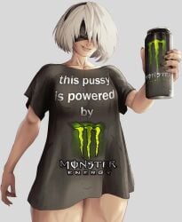 black_blindfold black_hairband black_shirt blindfold breasts can commentary covered_eyes drink_can english_commentary female fingernails hairband highres holding holding_can lips looking_at_viewer medium_breasts meme_attire mole mole_under_mouth monster_energy nier:_automata nier_(series) no_pants oversized_clothes oversized_shirt shirt short_hair short_sleeves simple_background smile solo straight-on t-shirt thick_thighs thighs white_background white_hair yoracrab yorha_2b