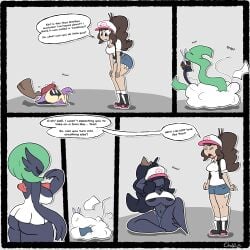 black_hair brown_hair chabble comic cosplay fakemon gardevoir_(cosplay) grey_background hilda_(pokemon) hilda_(pokemon)_(cosplay) mimikyu pokemon simple_background tagme transformation vest white_shirt