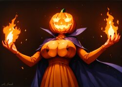 ai_generated black_nails breasts cape cleavage cloak colored_skin deep_cleavage dress fire halloween jack-o'-lantern large_breasts magic orange_skin pumpkin_head simple_background yellow_eyes