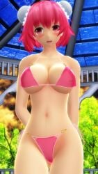 1girls 2024 3d arms_behind_back belly_button bikini blush breasts clavicle cleavage clouds garden hati_yukkuri_mmd hips human jpeg kasen_ibaraki light-skinned_female midriff mmd open_mouth outdoors pink_bikini pink_hair_female red_eyes short_hair_female shy sky solo_female solo_focus sunset swimsuit touhou trees waist