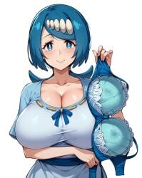 ai_generated blue_eyes blue_hair bra game_freak gigantic_breasts holding_bra huge_bra huge_breasts lana's_mother_(pokemon) light-skinned_female light_skin looking_at_viewer massive_breasts mature_female milf nintendo pokemon pokemon_sm ponytail smiling solo_female squatting sweat sweatdrop thick_body thick_female voluptuous