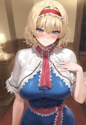 ai_generated alice_margatroid big_breasts blonde_hair blue_dress blue_eyes blush blushing dress huge_breasts looking_at_viewer mikayori tight_clothing touhou voluptuous voluptuous_female white_skin