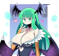 aqua_eyes aqua_hair breasts capcom cleavage darkstalkers dorago_dorago dragodragodran female huge_breasts large_breasts long_hair looking_at_viewer milf morrigan_aensland skimpy_clothes smile solo succubus tagme wings