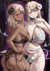 2girls ass blonde_hair bra breasts dat_ass female gyaru halloween huge_ass kuse_(0201) large_breasts light-skinned_female light_skin long_hair naughty_face original original_character panties pubic_tattoo tan tan-skinned_female tanned_skin thick_thighs