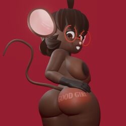 absurd_res anthro areola ass breasts brown_body brown_fur eyewear female fur glasses gwen_geek gwen_martin hi_res looking_back mammal mouse murid murine nude presenting rodent solo sonlink spank_marks tail text