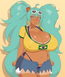 aqua_eyes aqua_hair bbw big_ass big_breasts bikini brazilian brazilian_female brazilian_flag brazilian_miku chubby dark_skin dominant_female fat gaze huge_ass huge_breasts lips milf mommy mommy_kink plump sunglasses vanilireph