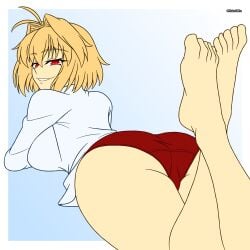 alternate_ass_size arcueid_brunestud ass ass_focus big_butt blonde_hai bubble_butt color huge_ass itakeabite looking_at_viewer looking_back melty_blood panties red_bloomers red_eyes red_panties short_hair smile sweater tsukihime turning_around type-moon vampire vampire_girl wide_hips