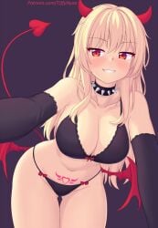 blonde_hair devil_horns halloween inmon panties patreon patreon_username pubic_tattoo smug spiked_collar succubus tail tiffy tiffynyaa