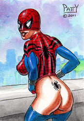 1girls 2011 ass butt female female_only human human_only light-skinned_female light_skin lipstick looking_back makeup marvel mayday_parker no_panties nudity red_lips red_lipstick sean_patty simple_background smile solo spider-girl spider-man_(series) tagme tattoo tramp_stamp uncensored