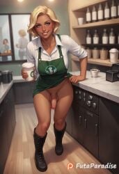 1futa ai_generated barista blonde_hair blonde_hair coffee coffee_cup coffee_shop cute detailed dickgirl flaccid flaccid_cock flaccid_penis futa_only futanari futaparadise glasses hi_res highres looking_at_viewer penis penis_out solo starbucks testicles unzipped