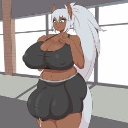 aqua_eyes big_breasts big_breasts bulge chubby futanari gym gym_clothes gym_shorts hands_on_breasts horse_girl horse_tail horsecock huge_breasts huge_breasts hyper_bulge hyper_penis plump ponytail vanilireph very_long_hair worried worried_expression