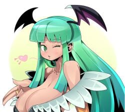 aqua_eyes aqua_hair breasts capcom cleavage darkstalkers dorago_dorago dragodragodran female huge_breasts large_breasts long_hair looking_at_viewer milf morrigan_aensland skimpy_clothes smile solo succubus tagme wings